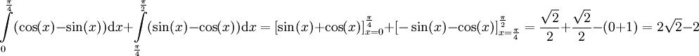 \int\limits_0^\frac\pi4 (\cos(x)-\sin(x))\mathrm dx+\int\limits_\frac\pi4^\frac\pi2 (\sin(x)-\cos(x))\mathrm dx=[\sin(x)+\cos(x)]_{x=0}^\frac\pi4+[-\sin(x)-\cos(x)]_{x=\frac\pi4}^\frac\pi2=\frac\sqrt22+\frac\sqrt22-(0+1)=2\sqrt2-2