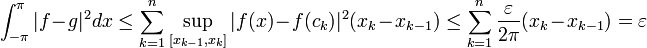 \int_{-\pi}^{\pi} |f-g|^2dx \leq \sum_{k=1}^n \sup_{[x_{k-1},x_k]}|f(x)-f(c_k)|^2 (x_k-x_{k-1}) \leq  \sum_{k=1}^n  \frac{\varepsilon}{2\pi}(x_k-x_{k-1}) = \varepsilon