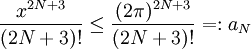 \frac{x^{2N+3}}{(2N+3)!}\le\frac{(2\pi)^{2N+3}}{(2N+3)!}=:a_N