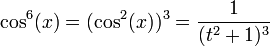 \cos^6(x)=(\cos^2(x))^3=\frac{1}{(t^2+1)^3}