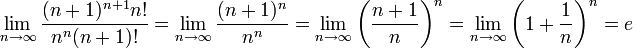 \lim\limits_{n\to\infty}\dfrac{(n+1)^{n+1}n!}{n^n(n+1)!}=\lim\limits_{n\to\infty}\dfrac{(n+1)^{n}}{n^n}=\lim\limits_{n\to\infty}\left(\frac{n+1}{n}\right)^n=\lim\limits_{n\to\infty}\left(1+\frac{1}{n}\right)^n=e