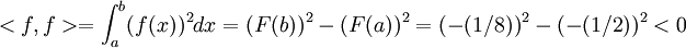 <f,f>=\int_{a}^{b}(f(x))^2dx=(F(b))^2-(F(a))^2=(-(1/8))^2-(-(1/2))^2<0