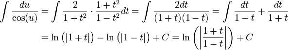 \begin{align}\int\frac{du}{\cos(u)}&=\int\frac{2}{1+t^2}\cdot\frac{1+t^2}{1-t^2}dt=\int\frac{2dt}{(1+t)(1-t)}=\int\frac{dt}{1-t}+\frac{dt}{1+t}\\&=\ln\big(|1+t|\big)-\ln\big(|1-t|\big)+C=\ln\left(\left|\frac{1+t}{1-t}\right|\right)+C\end{align}
