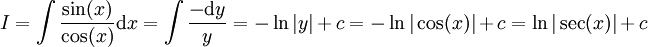 I=\int\frac{\sin(x)}{\cos(x)}\mathrm dx=\int\frac{-\mathrm dy}y=-\ln|y|+c=-\ln|\cos(x)|+c=\ln|\sec(x)|+c