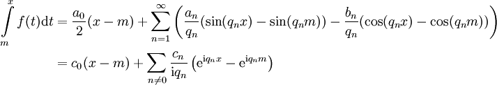 \begin{align}\int\limits_m^x f(t)\mathrm dt&=\frac{a_0}2(x-m)+\sum_{n=1}^\infty\left(\frac{a_n}{q_n}(\sin(q_nx)-\sin(q_nm))-\frac{b_n}{q_n}(\cos(q_nx)-\cos(q_nm))\right)\\&=c_0(x-m)+\sum_{n\ne0}\frac{c_n}{\mathrm iq_n}\left(\mathrm e^{\mathrm iq_nx}-\mathrm e^{\mathrm iq_nm}\right)\end{align}