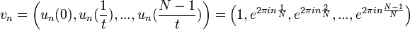 v_n= \left(u_n(0),u_n(\frac{1}{t}),...,u_n(\frac{N-1}{t})\right) = \left( 1,e^{2\pi i n \frac{1}{N}},e^{2\pi i n \frac{2}{N}},...,e^{2\pi i n \frac{N-1}{N}} \right)