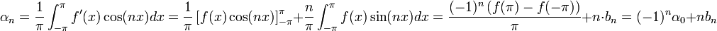 \alpha_n=\frac{1}{\pi} \int_{-\pi}^\pi f'(x)\cos(nx)dx = \frac{1}{\pi}\left[f(x)\cos(nx)\right]_{-\pi}^\pi +\frac{n}{\pi}\int_{-\pi}^\pi f(x)\sin(nx)dx = 
\frac{(-1)^n\left(f(\pi)-f(-\pi)\right)}{\pi}+n\cdot b_n = (-1)^n\alpha_0+nb_n