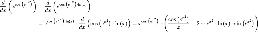 \begin{align}\frac{d}{dx}\left(x^{\cos\big(e^{x^2}\big)}\right)&=\frac{d}{dx}\left(e^{\cos\big(e^{x^2}\big)\cdot\ln(x)}\right)\\&=e^{\cos\big(e^{x^2}\big)\cdot\ln(x)}\cdot\frac{d}{dx}\left(\cos\big(e^{x^2}\big)\cdot\ln(x)\right)=x^{\cos\big(e^{x^2}\big)}\cdot\left(\frac{\cos\big(e^{x^2}\big)}{x}-2x\cdot e^{x^2}\cdot\ln(x)\cdot\sin\big(e^{x^2}\big)\right)\end{align}