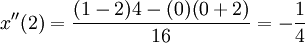 x''(2)=\frac{(1-2)4-(0)(0+2)}{16}=-\frac{1}{4}