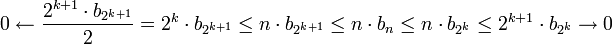 0\leftarrow \frac{2^{k+1}\cdot b_{2^{k+1}}}{2}=2^k\cdot b_{2^{k+1}}\le n\cdot b_{2^{k+1}}\le n\cdot b_n \le n\cdot b_{2^k}\le 2^{k+1}\cdot b_{2^k}\to 0