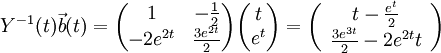 Y^{-1}(t) \vec{b}(t)=\begin{pmatrix} 1 & -\frac{1}{2}\\ -2e^{2t} & \frac{3e^{2t}}{2} \end{pmatrix} \begin{pmatrix} t\\ e^t \end{pmatrix}=\left(
\begin{array}{c}
 t-\frac{e^t}{2} \\
 \frac{3 e^{3 t}}{2}-2 e^{2 t} t
\end{array}
\right) 