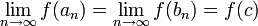 \lim\limits_{n\to\infty}f(a_n)=\lim\limits_{n\to\infty}f(b_n)=f(c)
