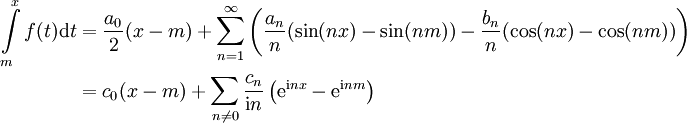 \begin{align}\int\limits_m^x f(t)\mathrm dt&=\frac{a_0}2(x-m)+\sum_{n=1}^\infty\left(\frac{a_n}n(\sin(nx)-\sin(nm))-\frac{b_n}n(\cos(nx)-\cos(nm))\right)\\&=c_0(x-m)+\sum_{n\ne0}\frac{c_n}{\mathrm in}\left(\mathrm e^{\mathrm inx}-\mathrm e^{\mathrm inm}\right)\end{align}