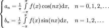 \begin{cases}a_n=\frac1\pi\int\limits_{-\pi}^\pi f(x)\cos(nx)\mathrm dx,&n=0,1,2,\dots\\b_n=\frac1\pi\int\limits_{-\pi}^\pi f(x)\sin(nx)\mathrm dx,&n=1,2,\dots\end{cases}