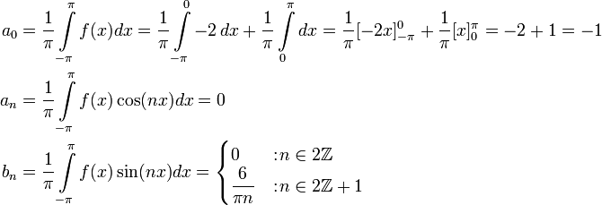 \begin{align}a_0&=\frac{1}{\pi}\int\limits_{-\pi}^\pi f(x)dx=\frac{1}{\pi}\int\limits_{-\pi}^0 -2\,dx+\frac{1}{\pi}\int\limits_0^\pi dx=\frac{1}{\pi}[-2x]_{-\pi}^0+\frac{1}{\pi}[x]_0^\pi=-2+1=-1\\a_n&=\frac{1}{\pi}\int\limits_{-\pi}^\pi f(x)\cos(nx)dx=0\\b_n&=\frac1\pi\int\limits_{-\pi}^\pi f(x)\sin(nx)dx=\begin{cases}0&:\!n\in2\Z\\\dfrac{6}{\pi n}&:\!n\in2\Z+1\end{cases}\end{align}
